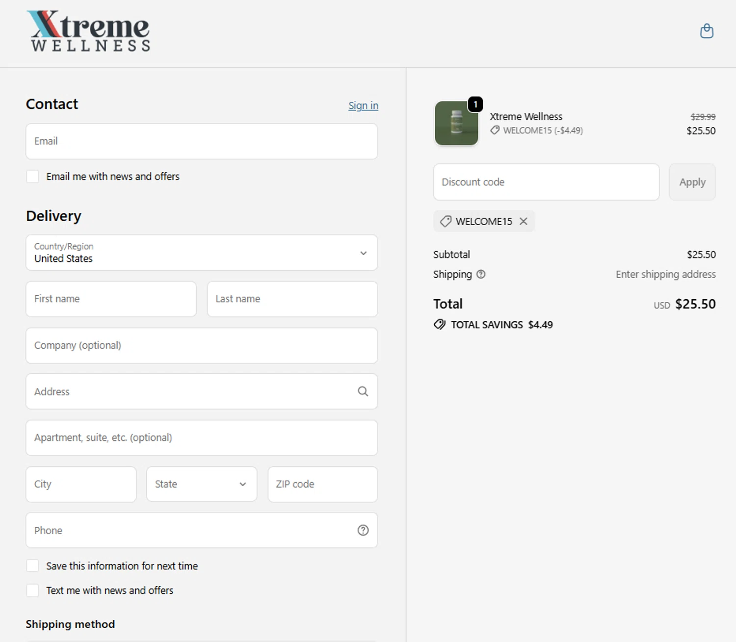 Xtreme Wellness promo code screenshot showing code WELCOME15 applied at Xtreme Wellness checkout page. Uploaded by SimplyCodes community member La_Cara_Mia on Dec 24, 2025