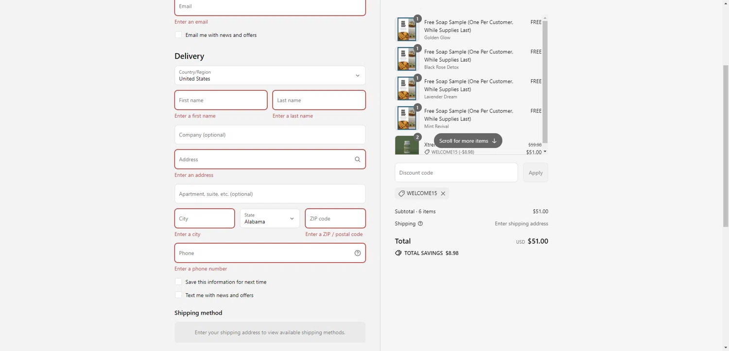 Xtreme Wellness promo code screenshot showing code WELCOME15 applied at Xtreme Wellness checkout page. Uploaded by SimplyCodes community member PromoAdmiral6652 on Aug 13, 2025