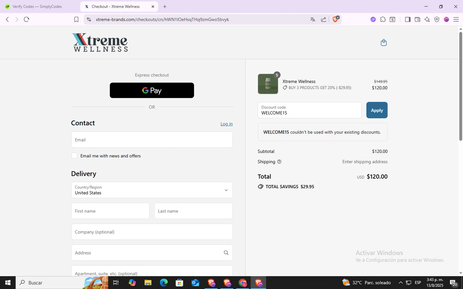 Xtreme Wellness promo code screenshot showing code WELCOME15 applied at Xtreme Wellness checkout page. Uploaded by SimplyCodes community member VoucherSpotter6910 on Aug 13, 2025