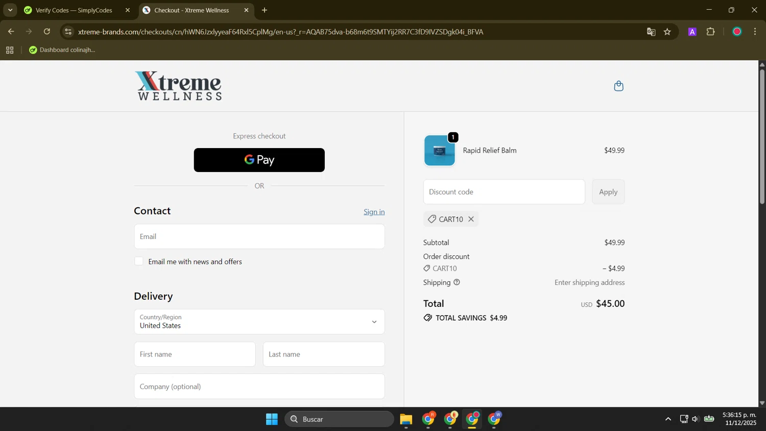 Xtreme Wellness promo code screenshot showing code CART10 applied at Xtreme Wellness checkout page. Uploaded by SimplyCodes community member FortunateElite9977 on Dec 11, 2025