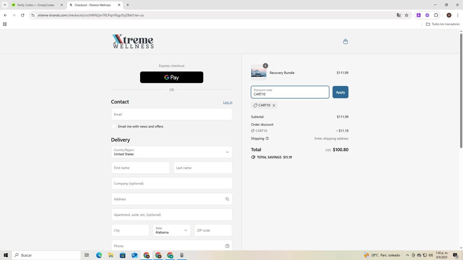 Xtreme Wellness promo code screenshot showing code CART10 applied at Xtreme Wellness checkout page. Uploaded by SimplyCodes community member RoyalLegend4835 on Sep 8, 2025