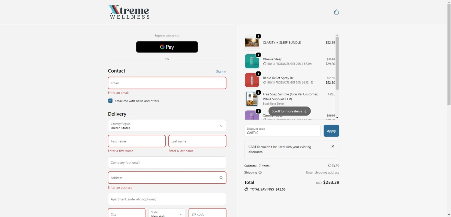 Xtreme Wellness promo code screenshot showing code CART10 applied at Xtreme Wellness checkout page. Uploaded by SimplyCodes community member TreasureKnight4134 on Oct 11, 2025