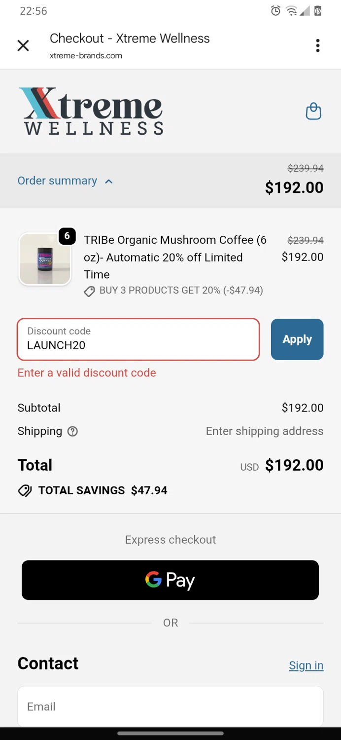 Xtreme Wellness promo code screenshot showing code LAUNCH20 applied at Xtreme Wellness checkout page. Uploaded by SimplyCodes community member TokenBoss3478 on Nov 4, 2025