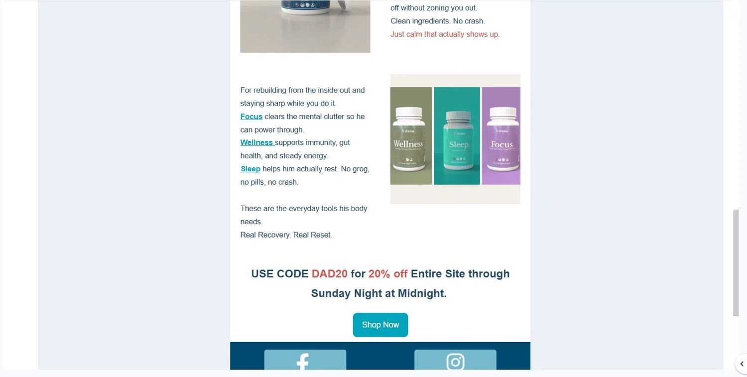 Xtreme Wellness promo code screenshot showing code DAD20 applied at Xtreme Wellness checkout page. Uploaded by SimplyCodes community member Depressive on Jun 12, 2025