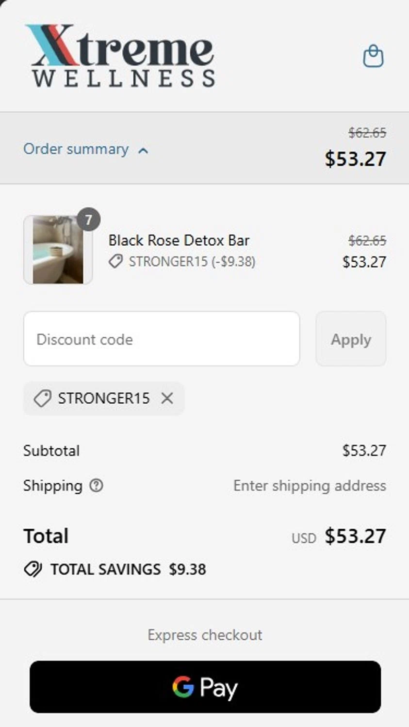 Xtreme Wellness promo code screenshot showing code STRONGER15 applied at Xtreme Wellness checkout page. Uploaded by SimplyCodes community member RonaldoM32 on Sep 5, 2025