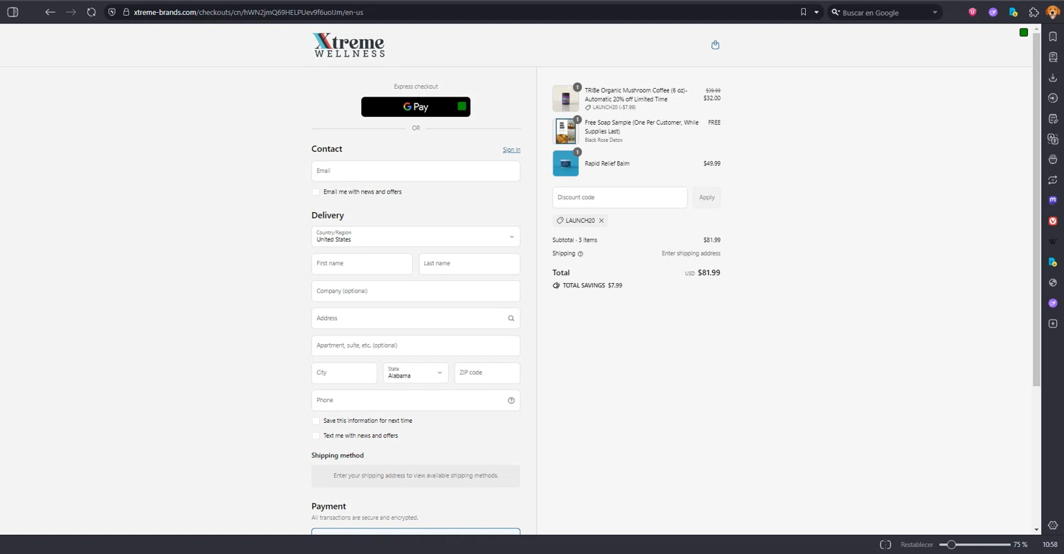 Xtreme Wellness promo code screenshot showing code LAUNCH20 applied at Xtreme Wellness checkout page. Uploaded by SimplyCodes community member MRDEAL on Sep 12, 2025