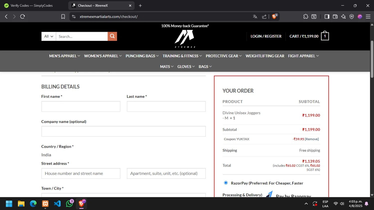 XtremeX coupon code screenshot showing code YUKTAX applied at XtremeX checkout page. Uploaded by SimplyCodes community member DaniTsu on Aug 4, 2025