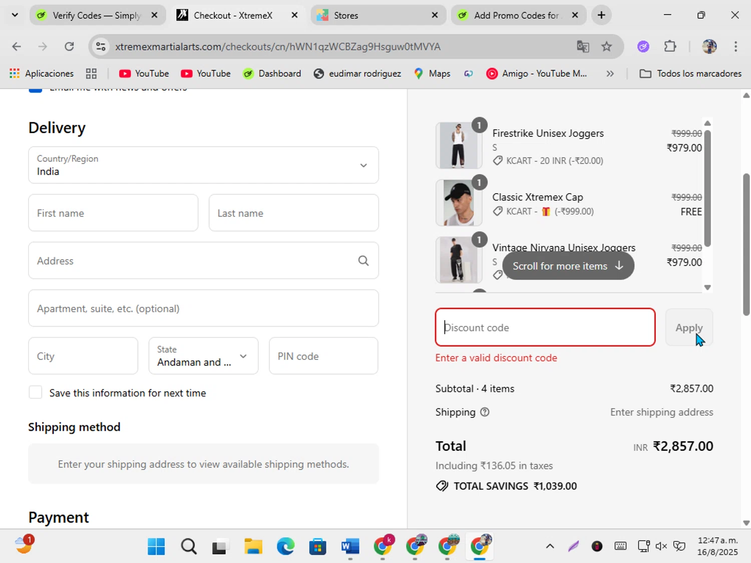 XtremeX coupon code screenshot showing code YUKTAX applied at XtremeX checkout page. Uploaded by SimplyCodes community member ShrewdSeeker5445 on Aug 16, 2025