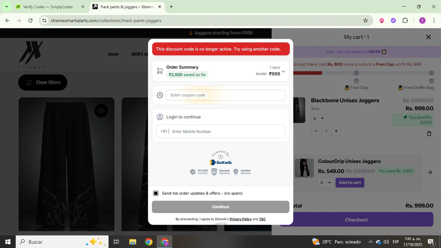 XtremeX coupon code screenshot showing code TUNAX applied at XtremeX checkout page. Uploaded by SimplyCodes community member ThriftyCurator4085 on Oct 17, 2025