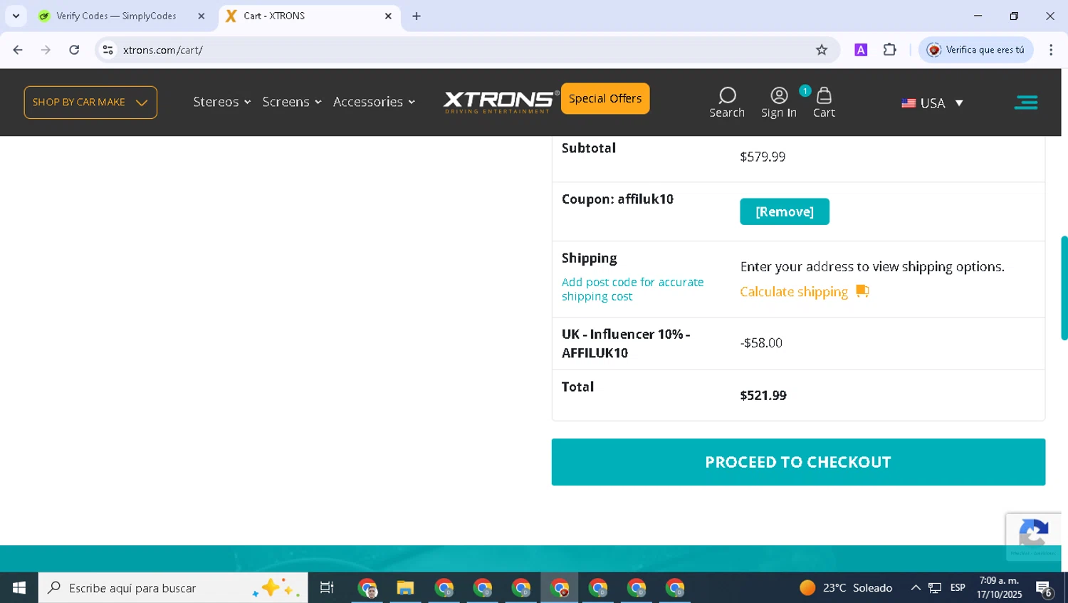 Xtrons US promo code screenshot showing code AFFILUK10 applied at Xtrons US checkout page. Uploaded by SimplyCodes community member BonusVoyager7570 on Oct 17, 2025