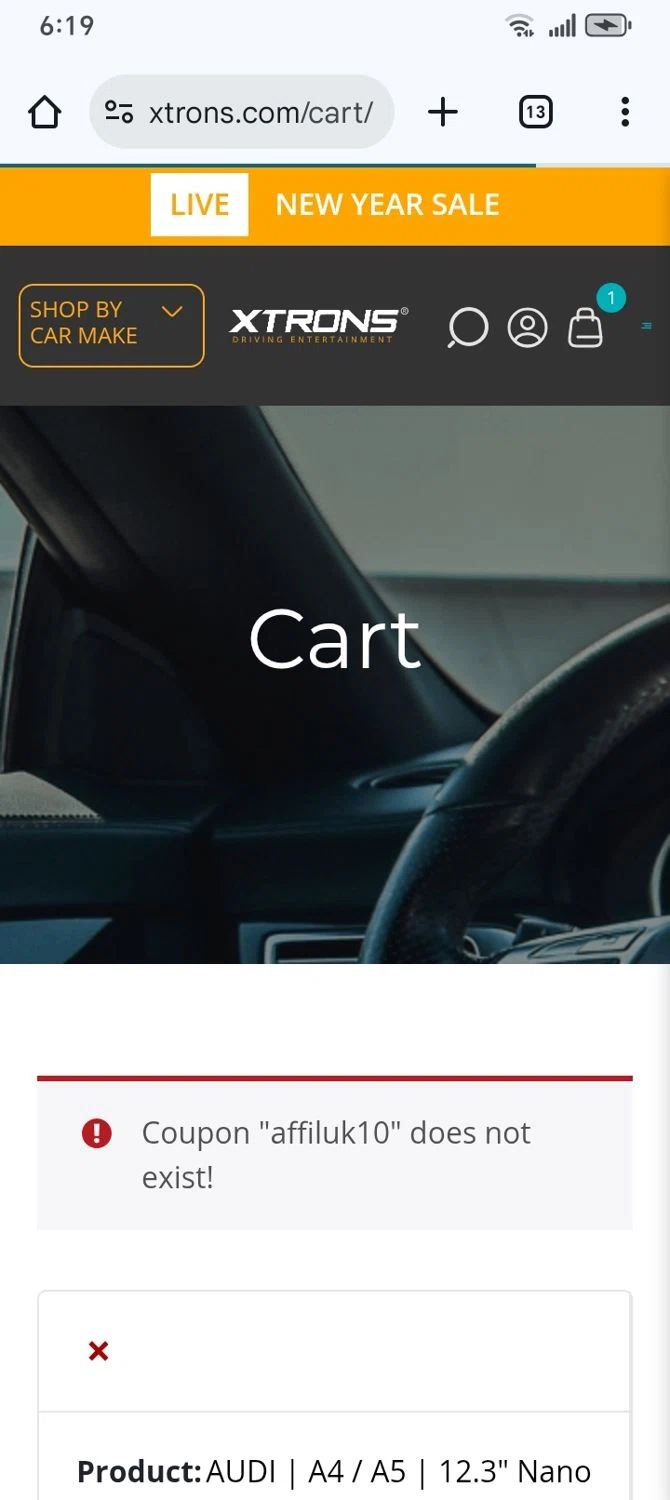 Xtrons US promo code screenshot showing code AFFILUK10 applied at Xtrons US checkout page. Uploaded by SimplyCodes community member franksanchez on Jan 3, 2026