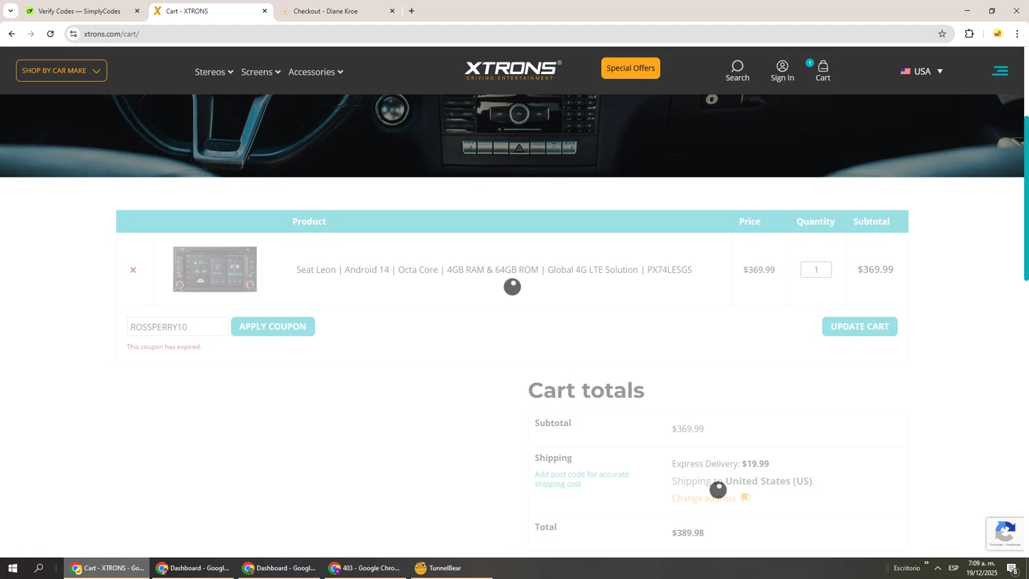 Xtrons US promo code screenshot showing code ROSSPERRY10 applied at Xtrons US checkout page. Uploaded by SimplyCodes community member Richard251 on Dec 19, 2025