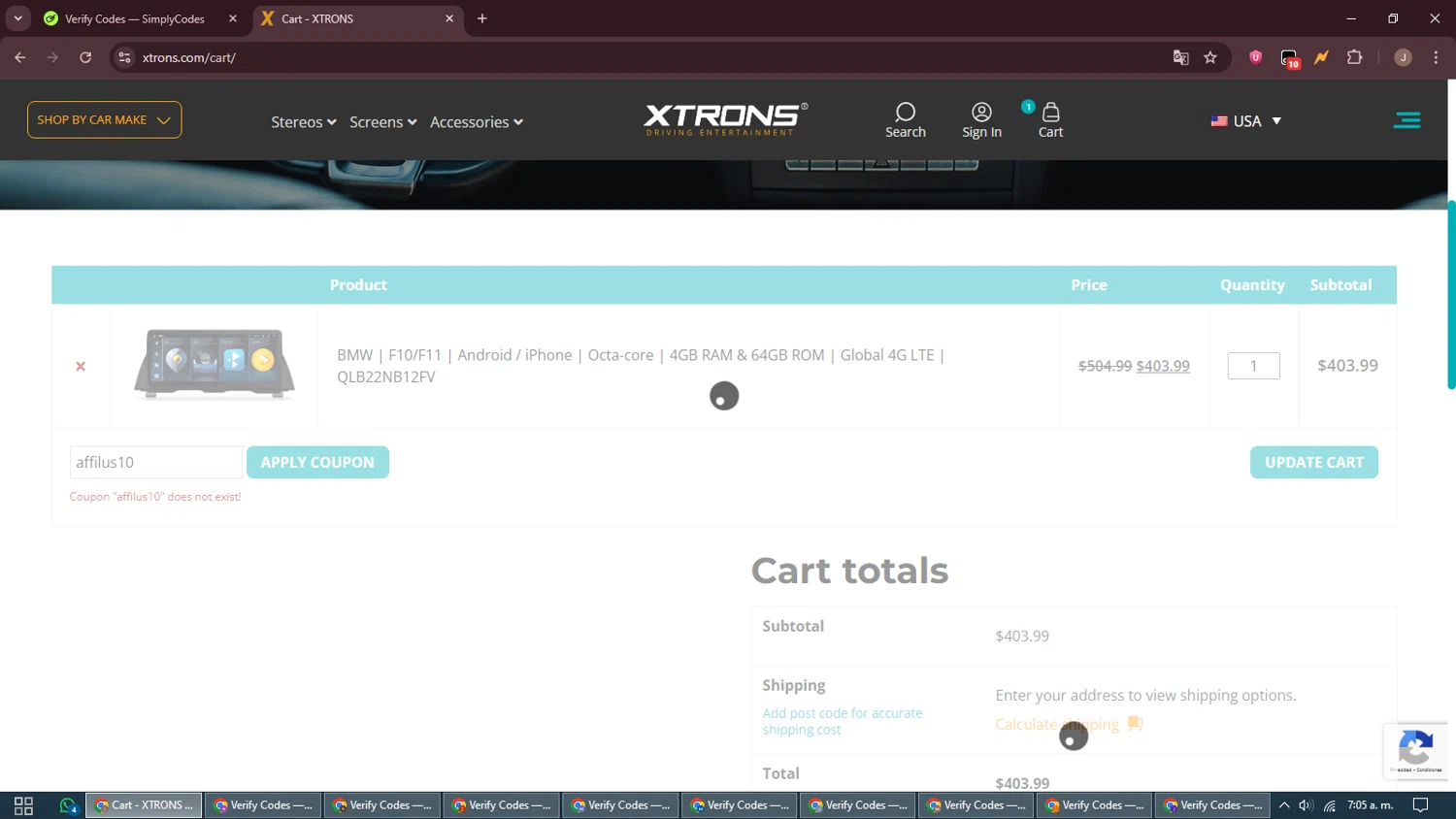 Xtrons US promo code screenshot showing code affilus10 applied at Xtrons US checkout page. Uploaded by SimplyCodes community member ShrewdAdmiral5920 on Nov 28, 2025