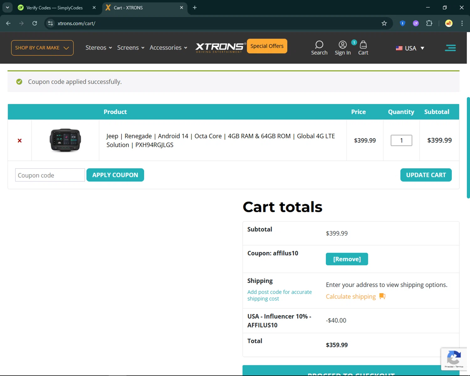 Xtrons US promo code screenshot showing code affilus10 applied at Xtrons US checkout page. Uploaded by SimplyCodes community member SmartFinder4193 on Oct 30, 2025