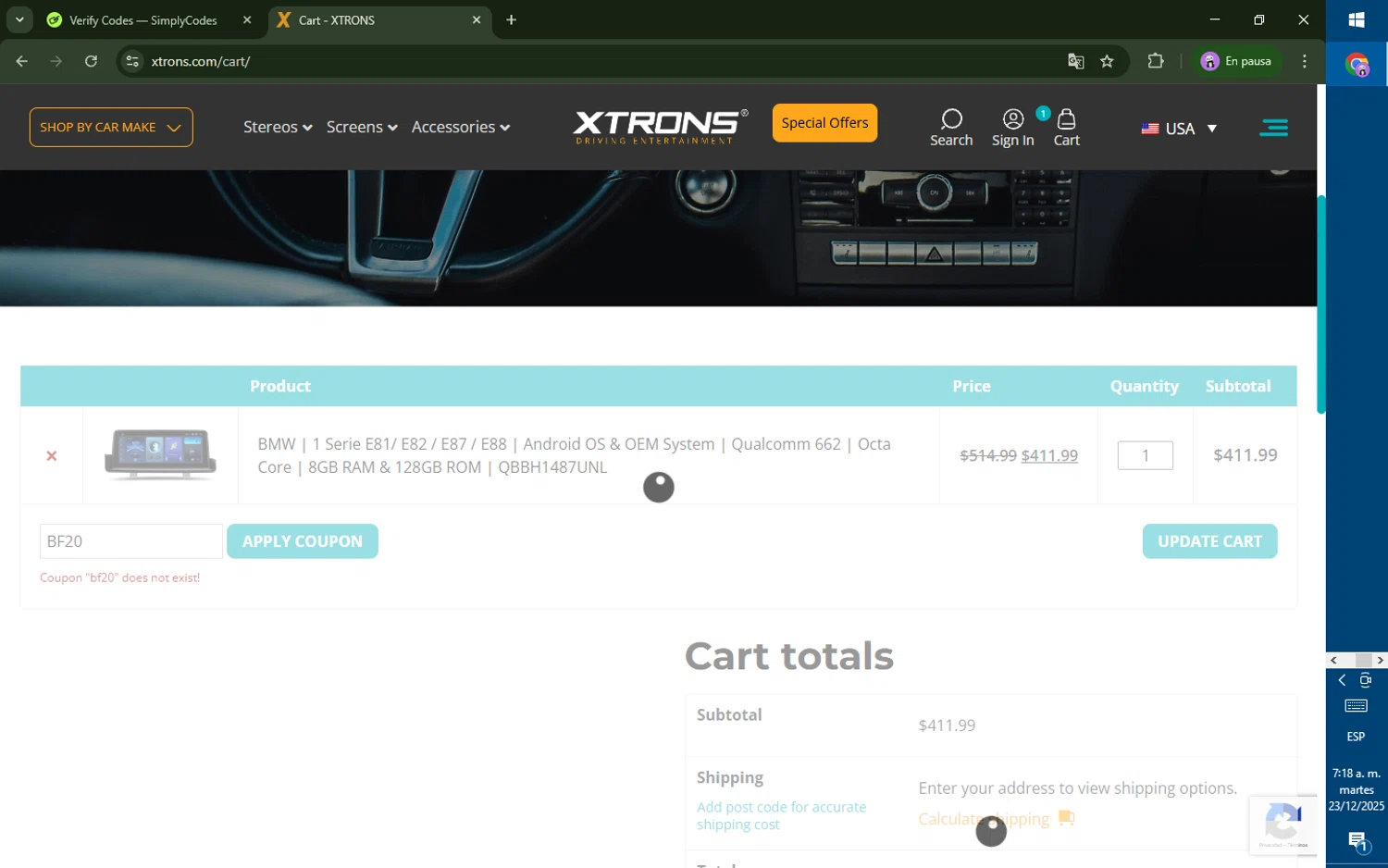 Xtrons US promo code screenshot showing code BF20 applied at Xtrons US checkout page. Uploaded by SimplyCodes community member CoinRanger7926 on Dec 23, 2025