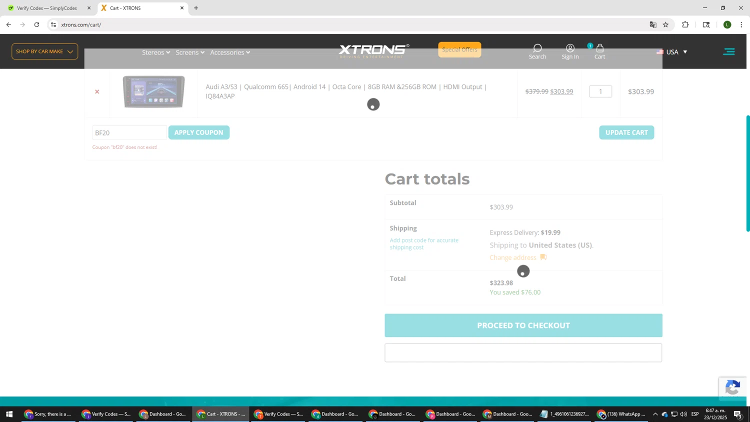 Xtrons US promo code screenshot showing code BF20 applied at Xtrons US checkout page. Uploaded by SimplyCodes community member DUCATI on Dec 23, 2025