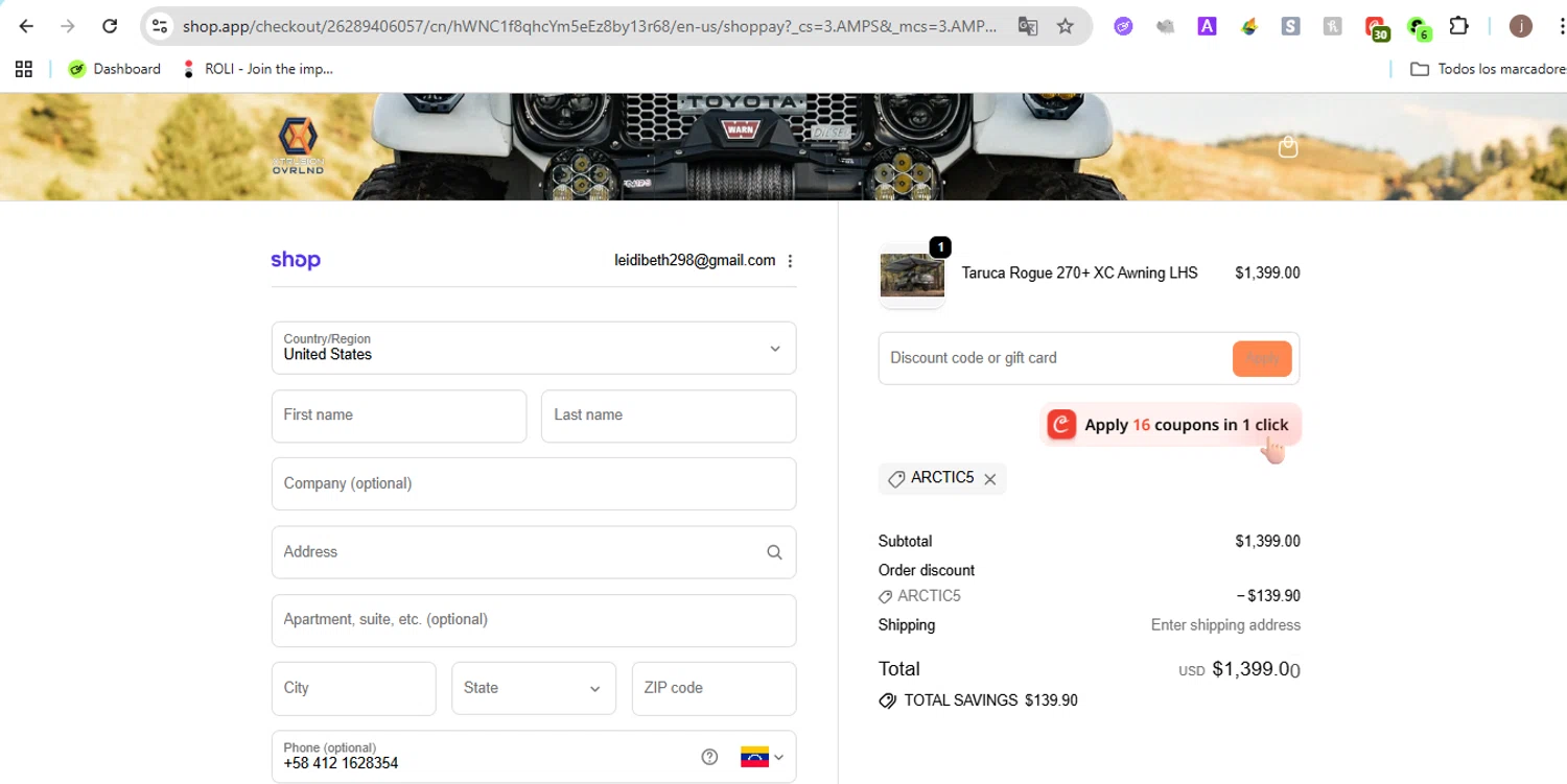 Xtrusion Overland promo code screenshot showing code ARCTIC5 applied at Xtrusion Overland checkout page. Uploaded by SimplyCodes community member Jose29 on May 11, 2026