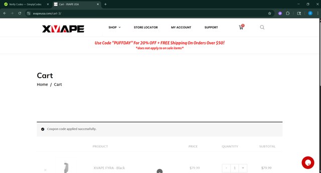XVAPE checkout page showing XVAPE coupon code box | Screenshot taken by SimplyCodes community member on Sep 7, 2025