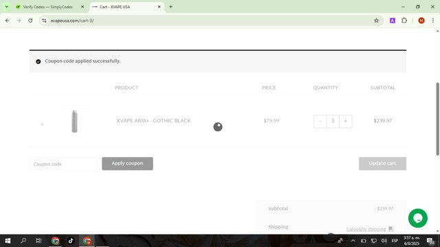XVAPE checkout page showing XVAPE coupon code box | Screenshot taken by SimplyCodes community member on Aug 6, 2025