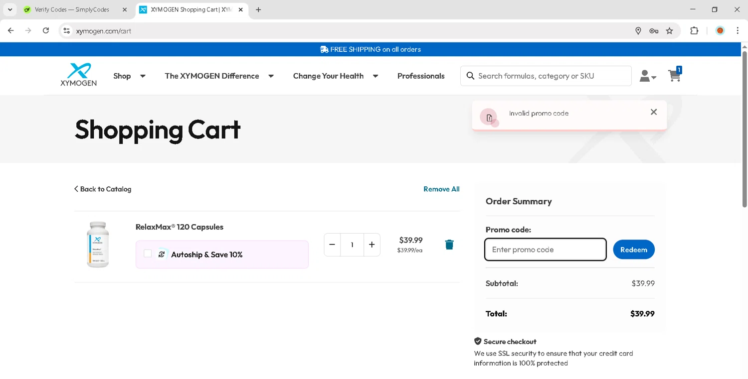 Xymogen promo code screenshot showing code 35DAYSOFWELLNESS-XY applied at Xymogen checkout page. Uploaded by SimplyCodes community member JosephStevens774 on Oct 20, 2025