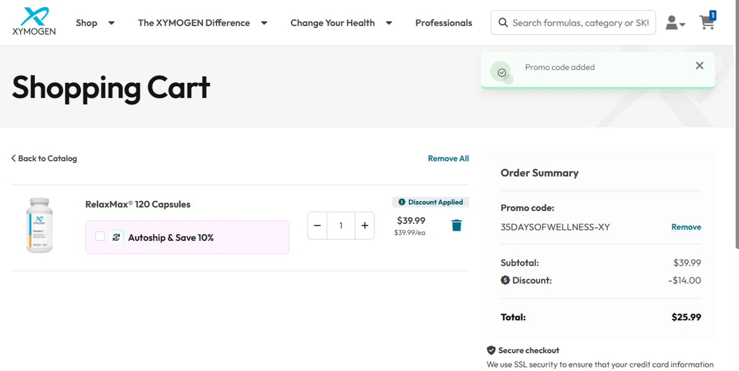 Xymogen checkout page showing Xymogen promo code box | Screenshot taken by SimplyCodes community member on Oct 10, 2025