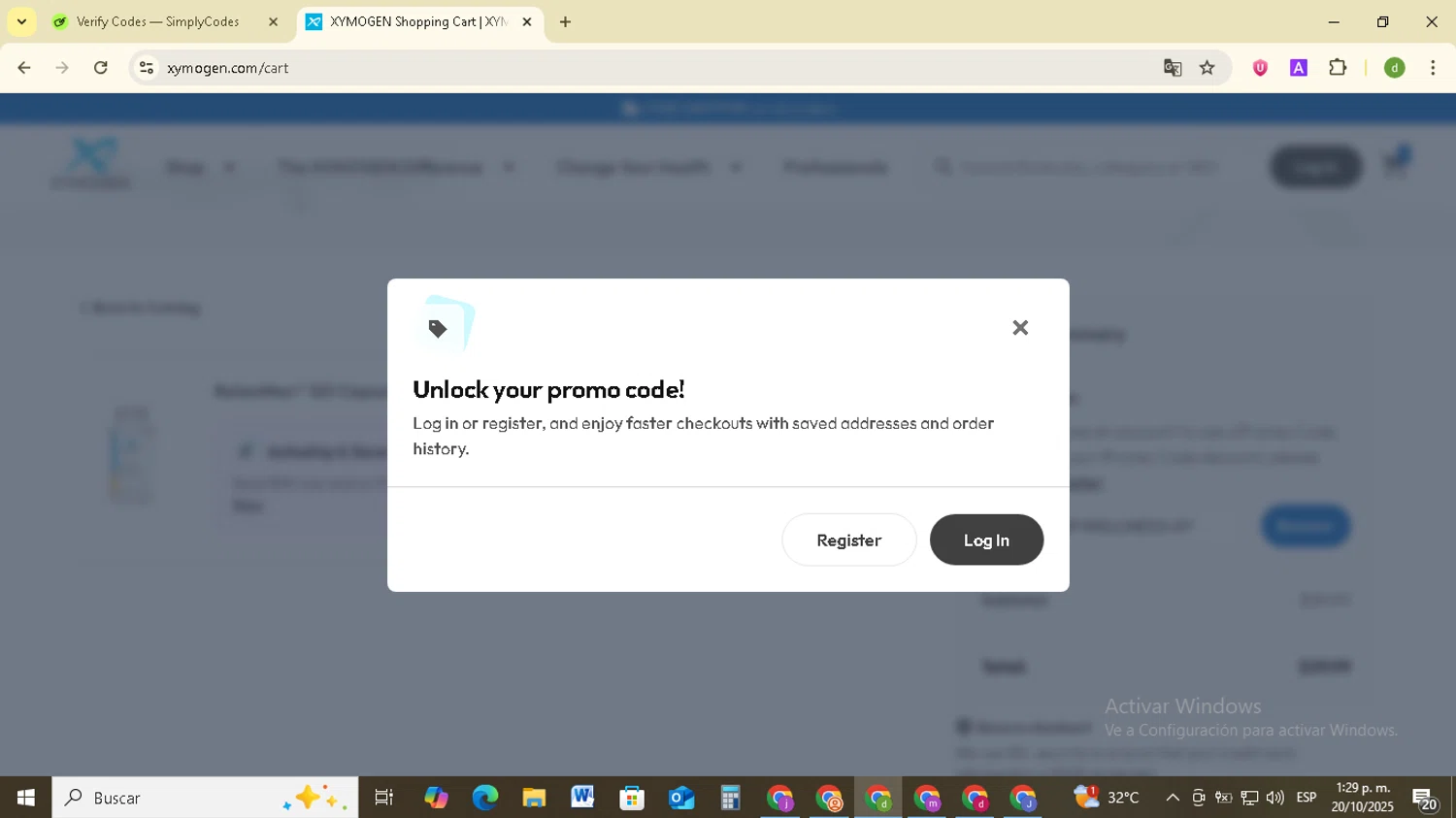Xymogen promo code screenshot showing code 35DAYSOFWELLNESS-XY applied at Xymogen checkout page. Uploaded by SimplyCodes community member SavingsSentinel833 on Oct 20, 2025