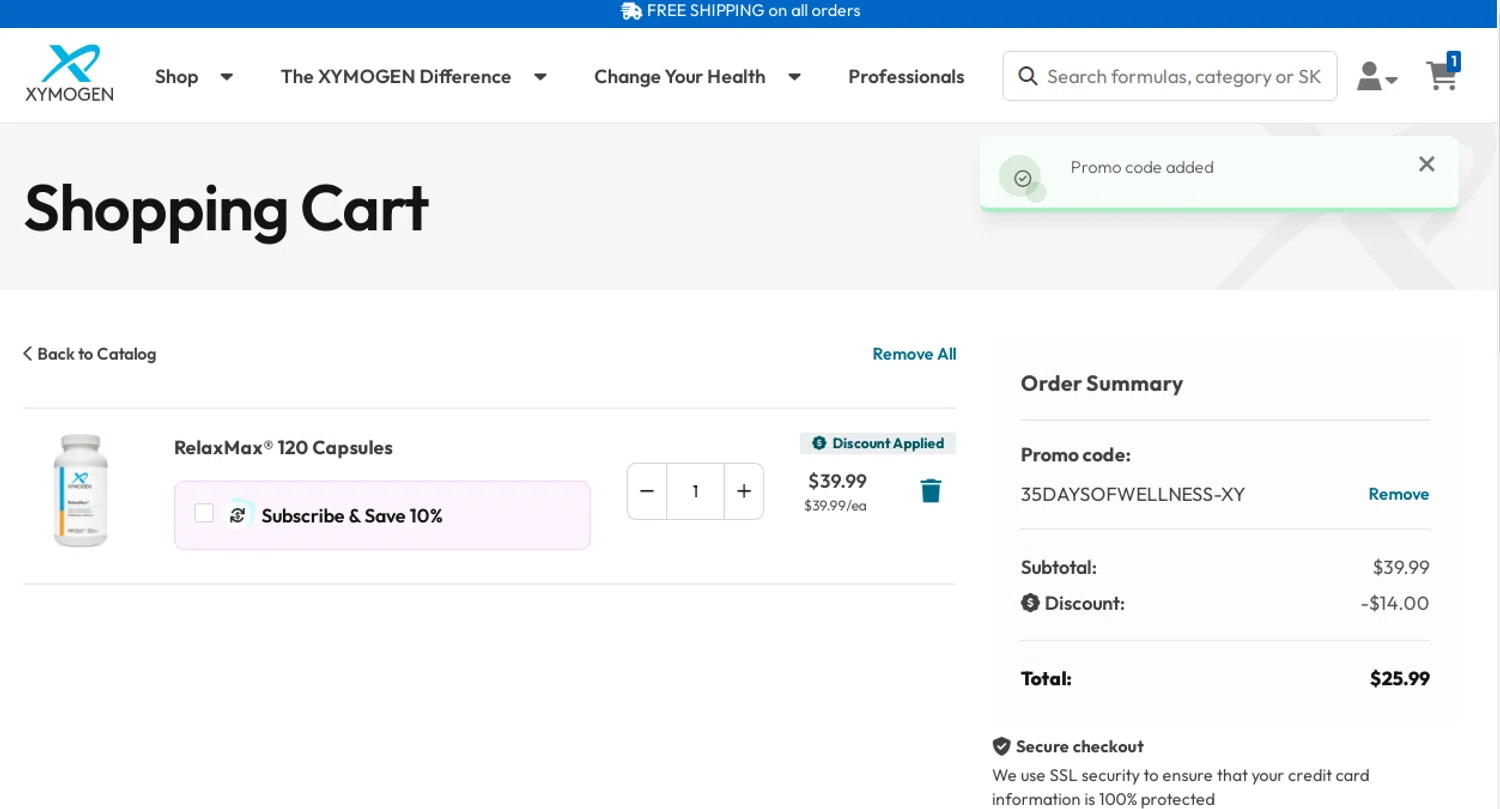 Xymogen checkout page showing Xymogen promo code box | Screenshot taken by SimplyCodes community member on Sep 19, 2025