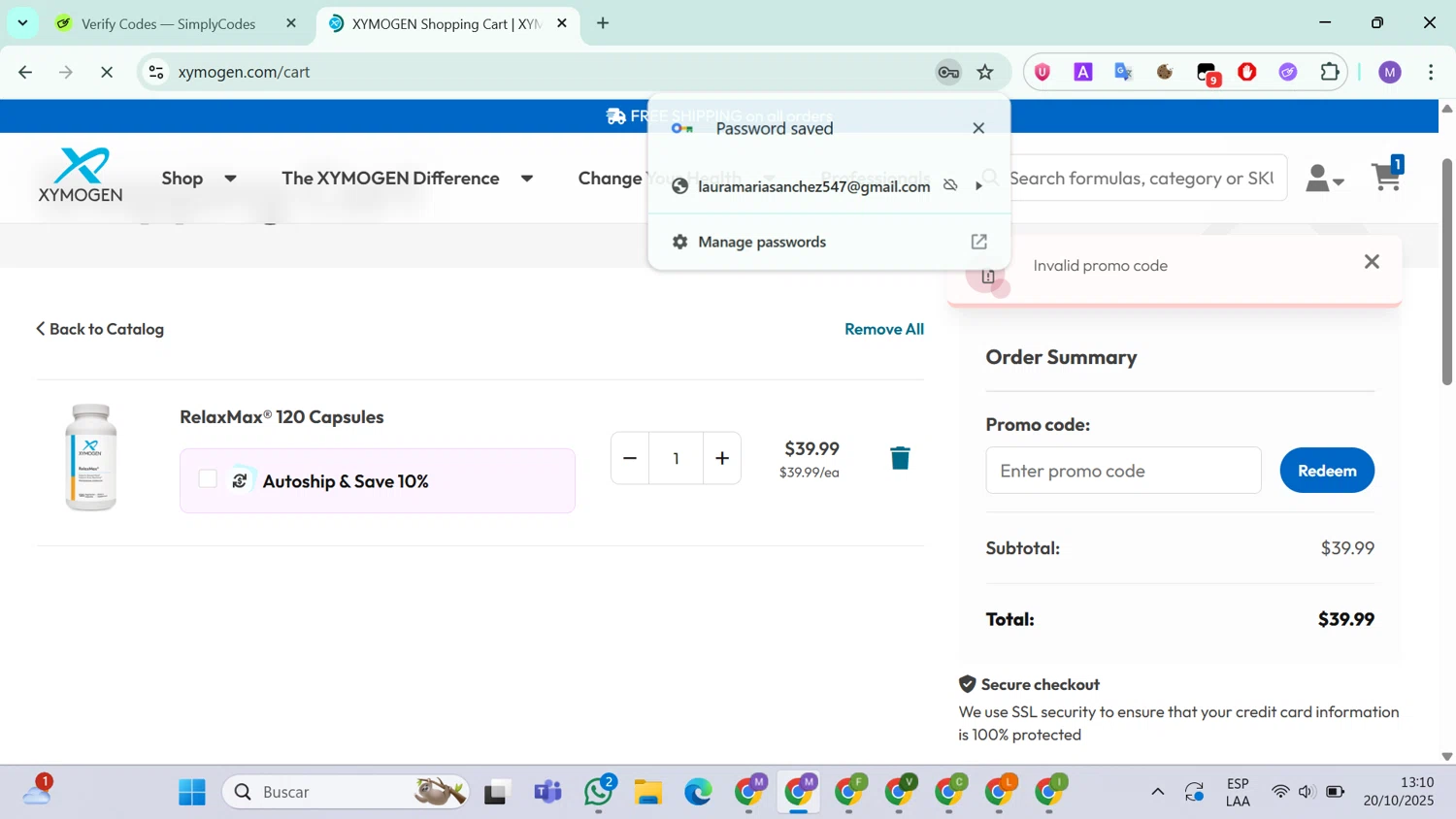 Xymogen promo code screenshot showing code 35DAYSOFWELLNESS-XY applied at Xymogen checkout page. Uploaded by SimplyCodes community member ValueLion1621 on Oct 20, 2025