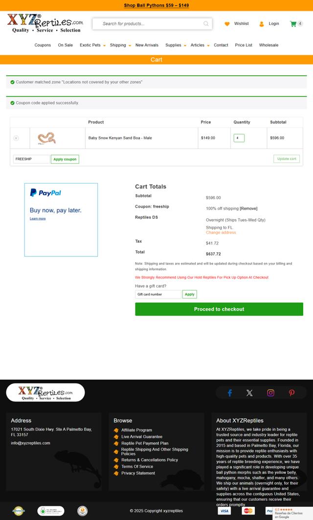 XYZReptiles checkout page showing XYZReptiles coupon code box | Screenshot taken by SimplyCodes community member on May 15, 2025