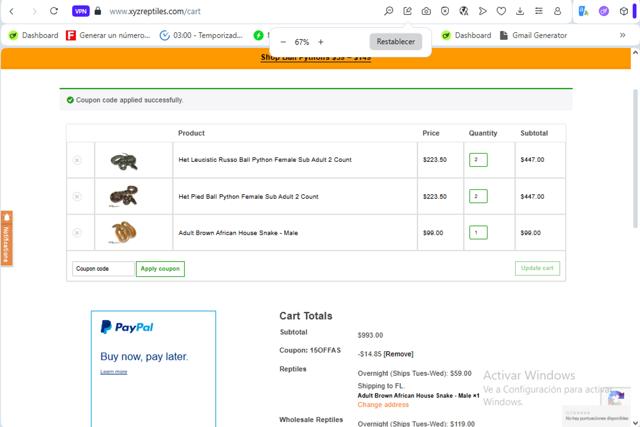 XYZReptiles checkout page showing XYZReptiles coupon code box | Screenshot taken by SimplyCodes community member on Aug 17, 2025