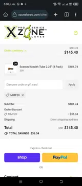 X Zone Lures coupon verification screenshot