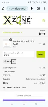X Zone Lures coupon verification screenshot