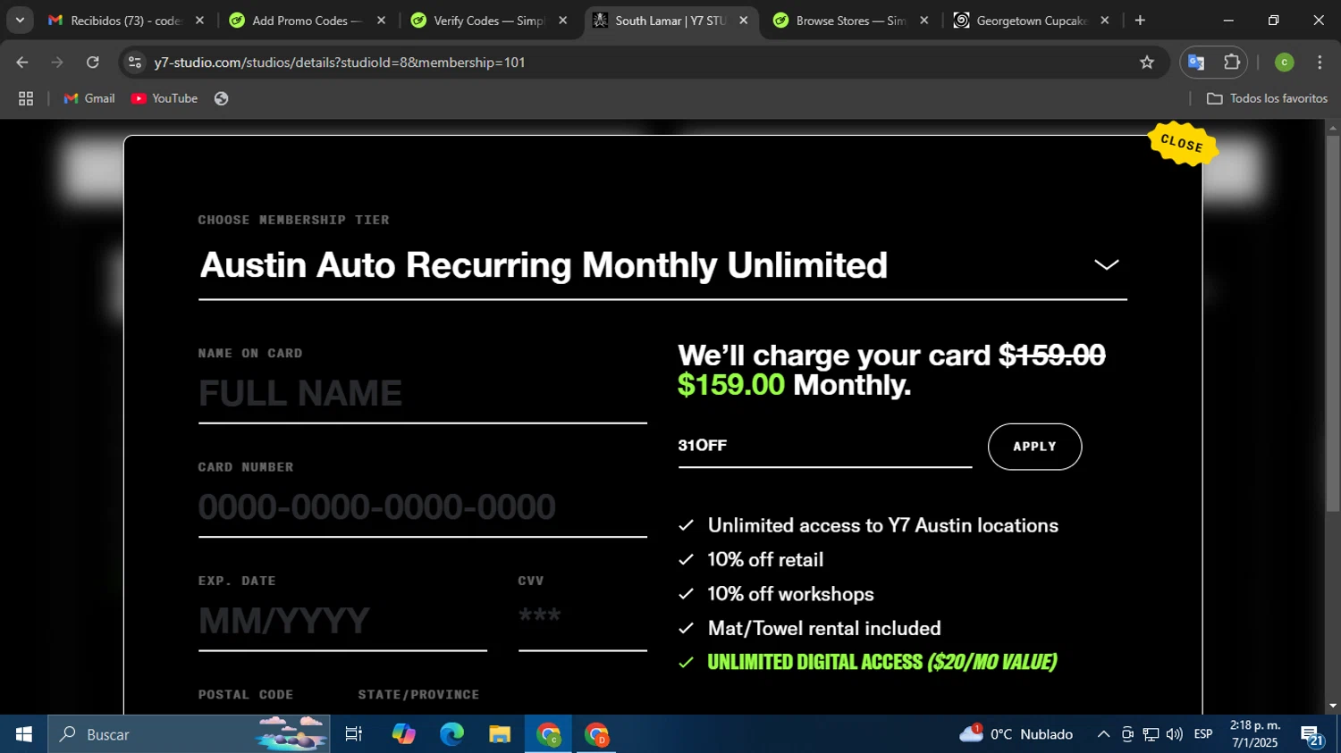 where to use Y7 Studio promo code box