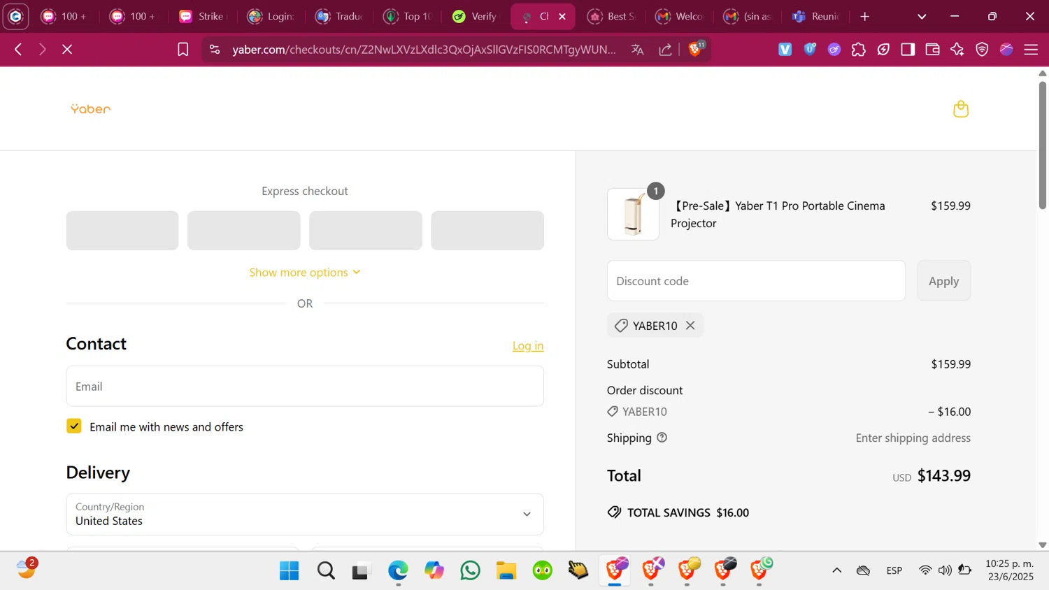 Yaber promo code screenshot showing code Yaber10 applied at Yaber checkout page. Uploaded by SimplyCodes community member ShrewdMonarch4436 on Jun 24, 2025