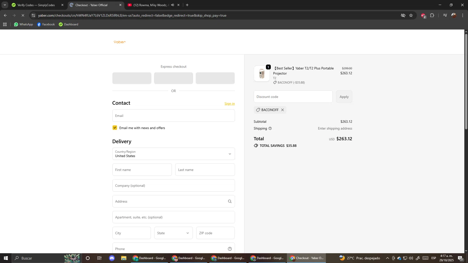 Yaber promo code screenshot showing code BACONOFF applied at Yaber checkout page. Uploaded by SimplyCodes community member ScanShopper554 on Oct 29, 2025