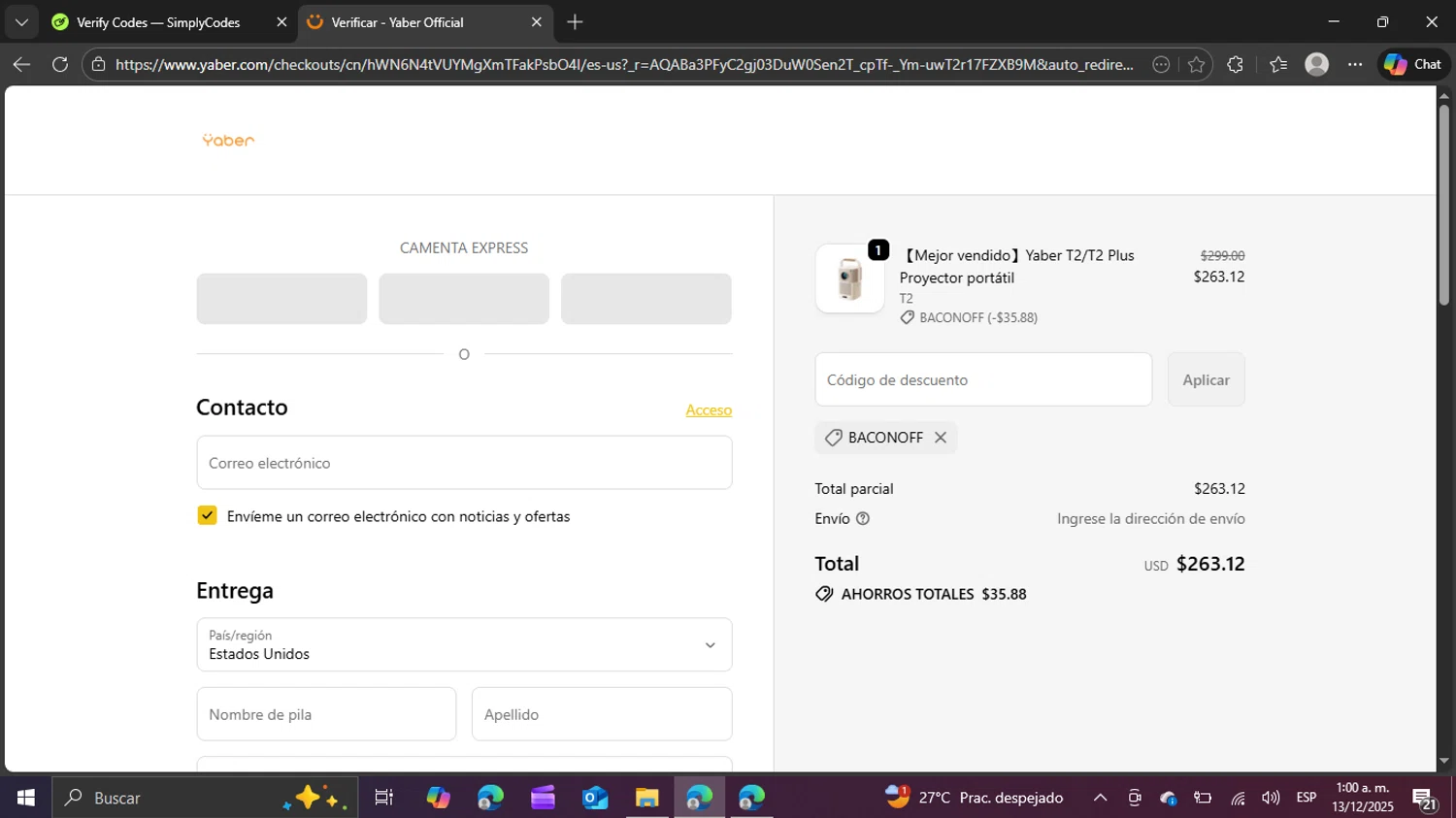 Yaber promo code screenshot showing code BACONOFF applied at Yaber checkout page. Uploaded by SimplyCodes community member swiftie on Dec 13, 2025