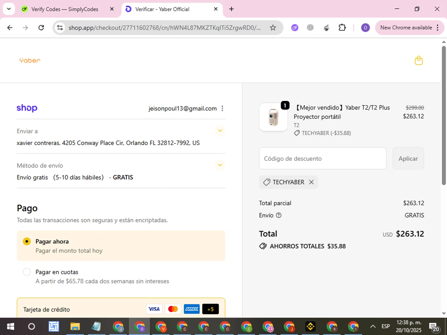 Yaber promo code screenshot showing code TECHYABER applied at Yaber checkout page. Uploaded by SimplyCodes community member CleverLynx8245 on Oct 20, 2025
