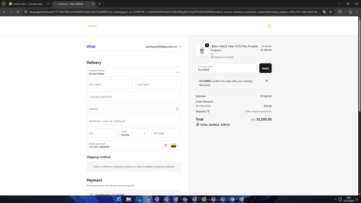 Yaber promo code screenshot showing code JILLYABER applied at Yaber checkout page. Uploaded by SimplyCodes community member SAIKOO on Dec 13, 2025