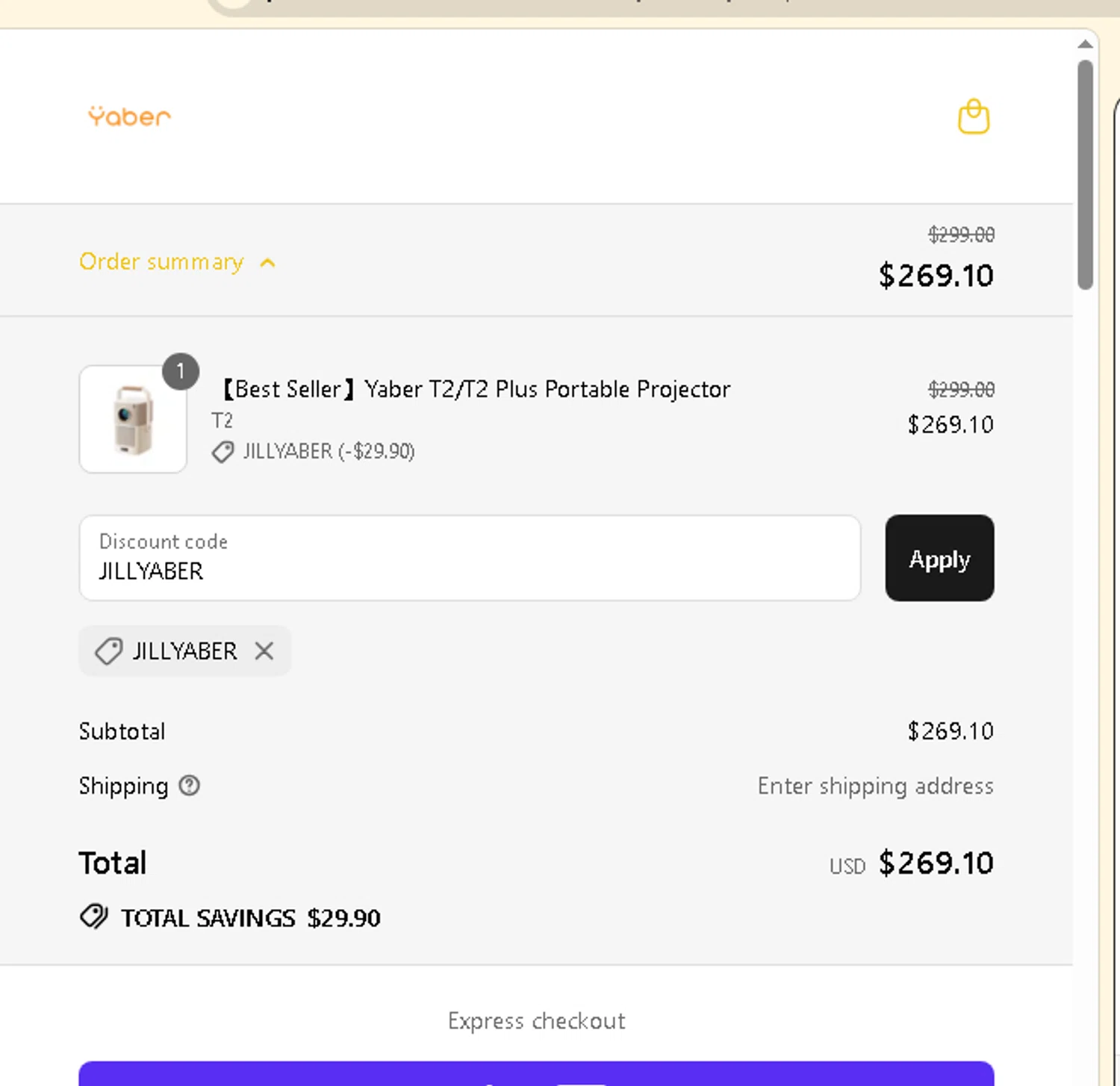 Yaber promo code screenshot showing code JILLYABER applied at Yaber checkout page. Uploaded by SimplyCodes community member AMANDA2681 on Aug 12, 2025