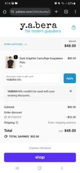 YABERA10% coupon verification screenshot
