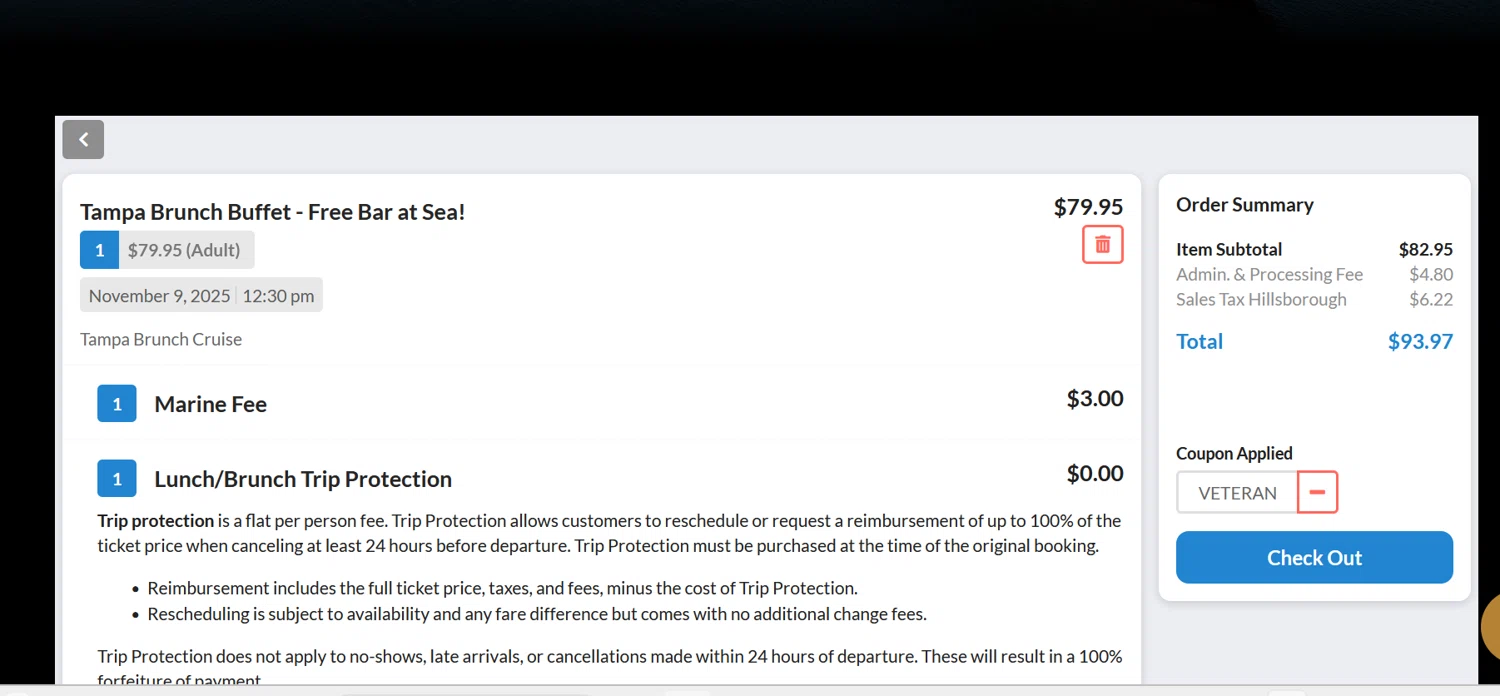 Yacht StarShip promo code screenshot showing code VETERAN applied at Yacht StarShip checkout page. Uploaded by SimplyCodes community member ______________________________ on Nov 6, 2025