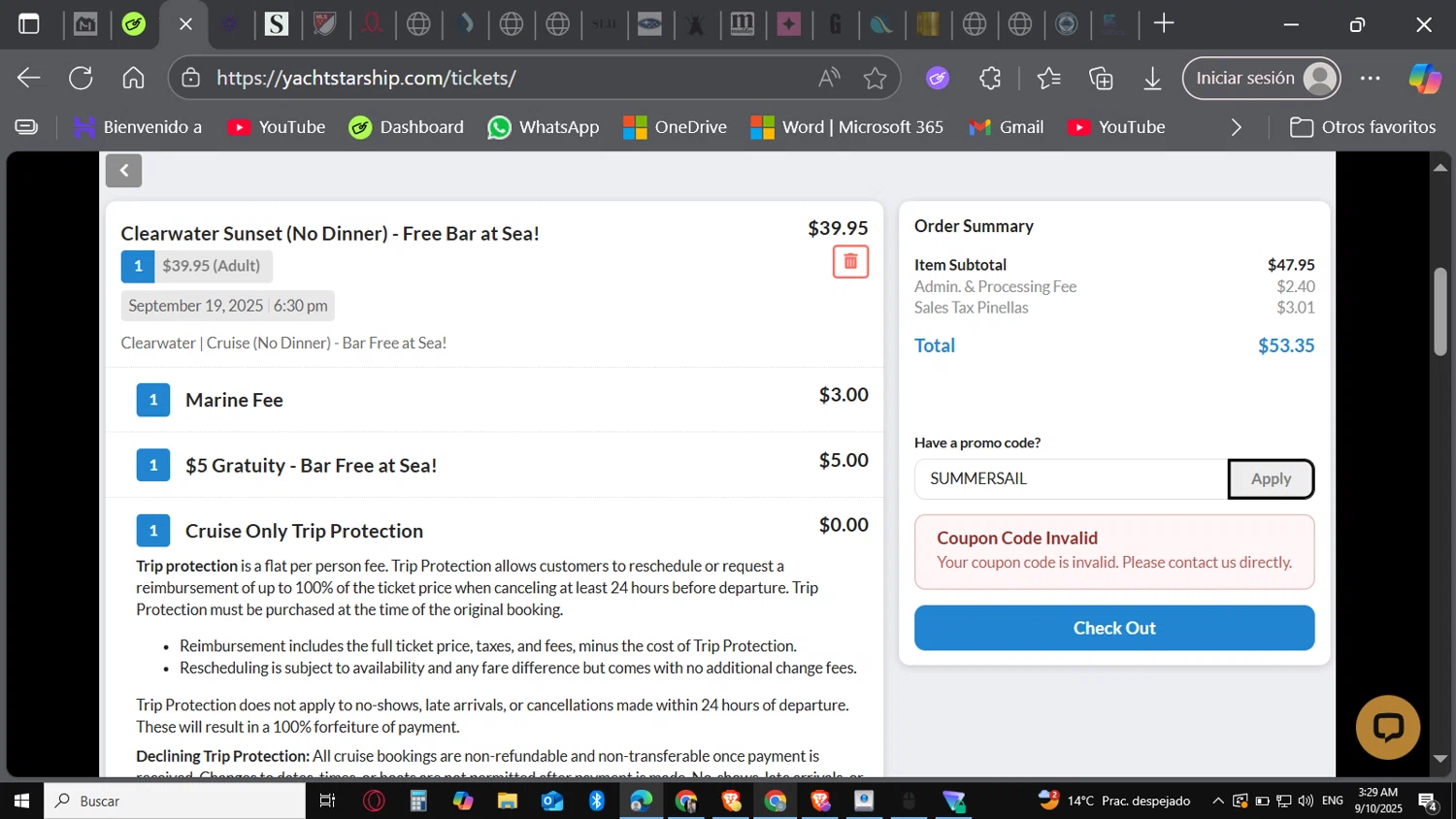 Yacht StarShip promo code screenshot showing code SUMMERSAIL applied at Yacht StarShip checkout page. Uploaded by SimplyCodes community member Carbon132 on Sep 10, 2025
