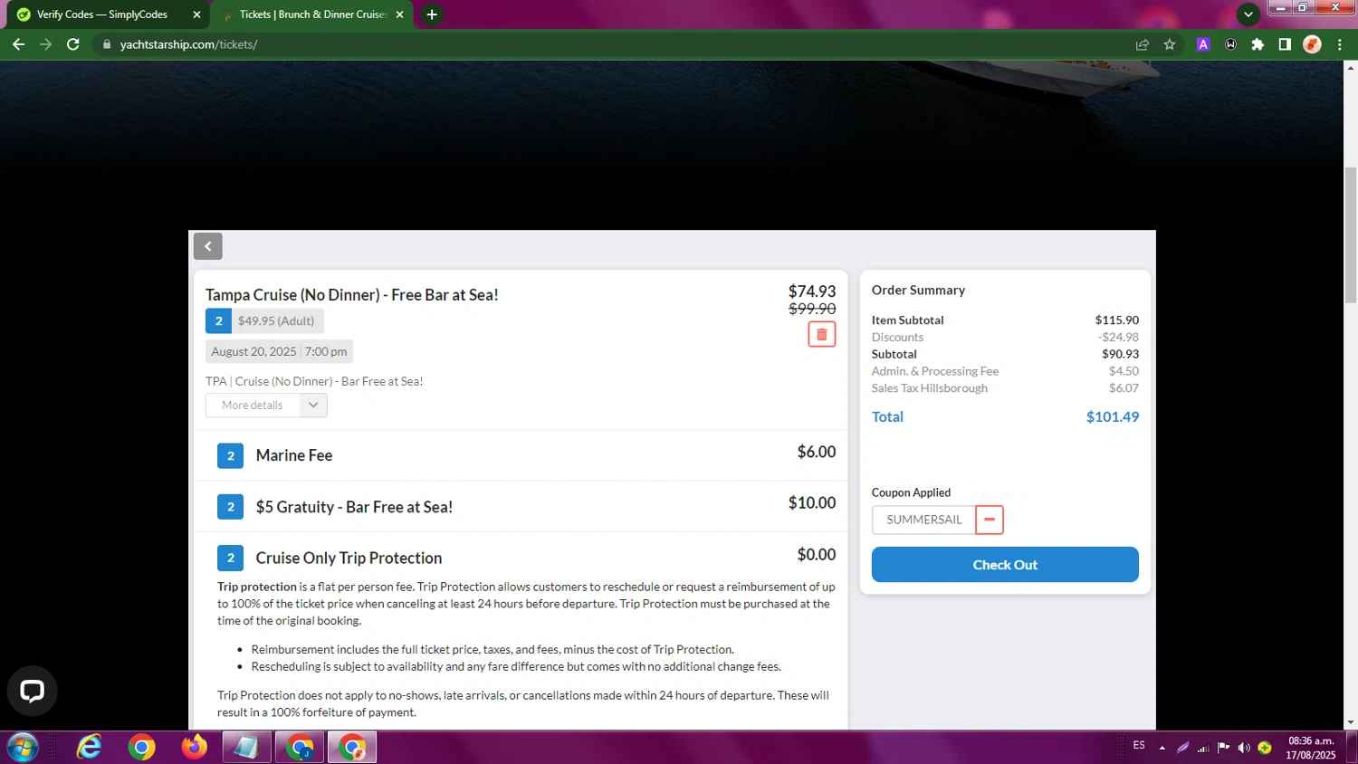 Yacht StarShip promo code screenshot showing code SUMMERSAIL applied at Yacht StarShip checkout page. Uploaded by SimplyCodes community member LegendaryBoss7060 on Aug 17, 2025