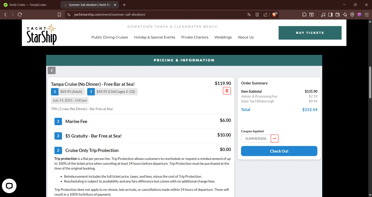 Yacht StarShip promo code screenshot showing code SUMMERSAIL applied at Yacht StarShip checkout page. Uploaded by SimplyCodes community member Mafer69 on Jul 19, 2025
