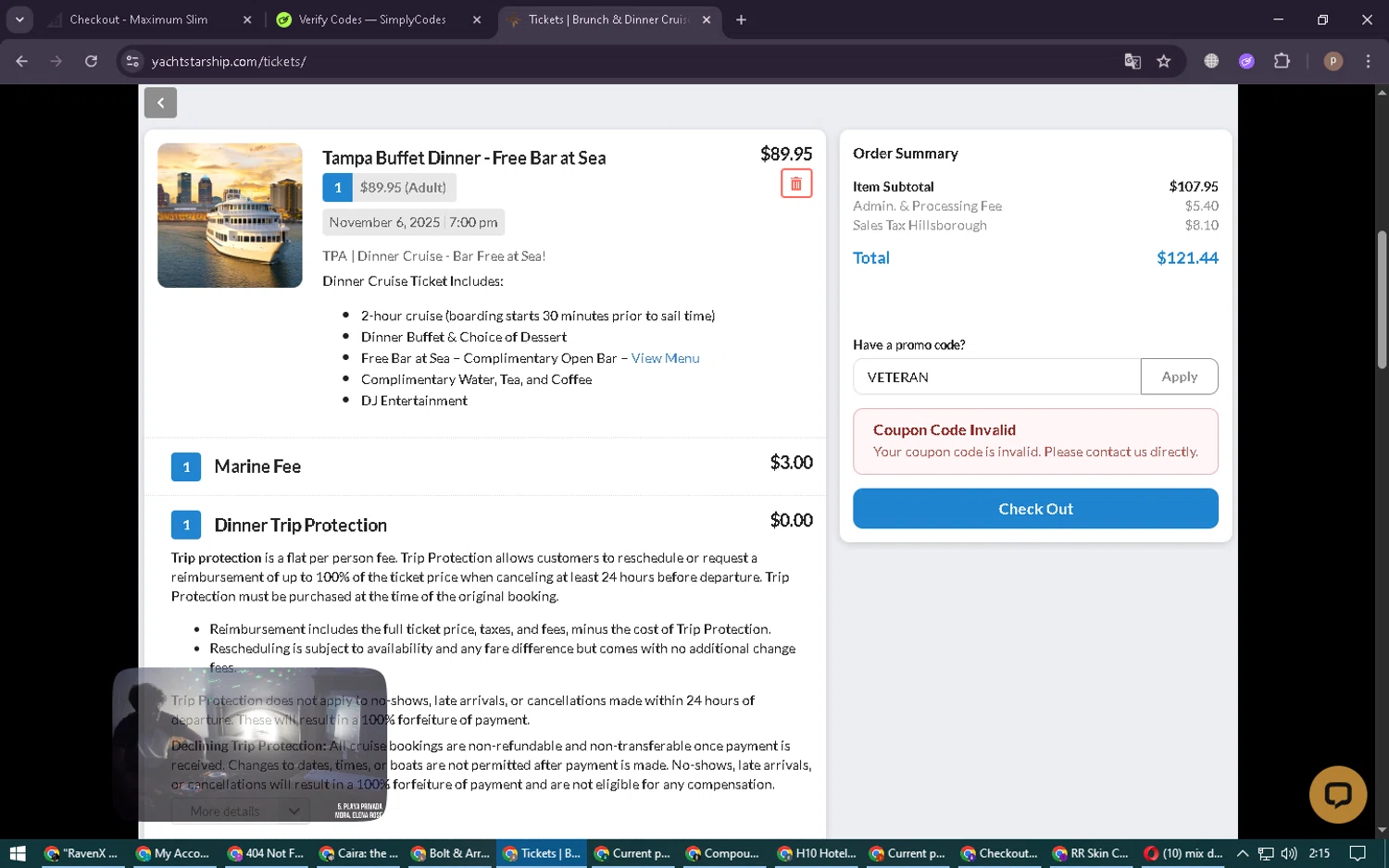 Yacht StarShip promo code screenshot showing code VETERAN applied at Yacht StarShip checkout page. Uploaded by SimplyCodes community member RoyalSleuth6331 on Nov 6, 2025