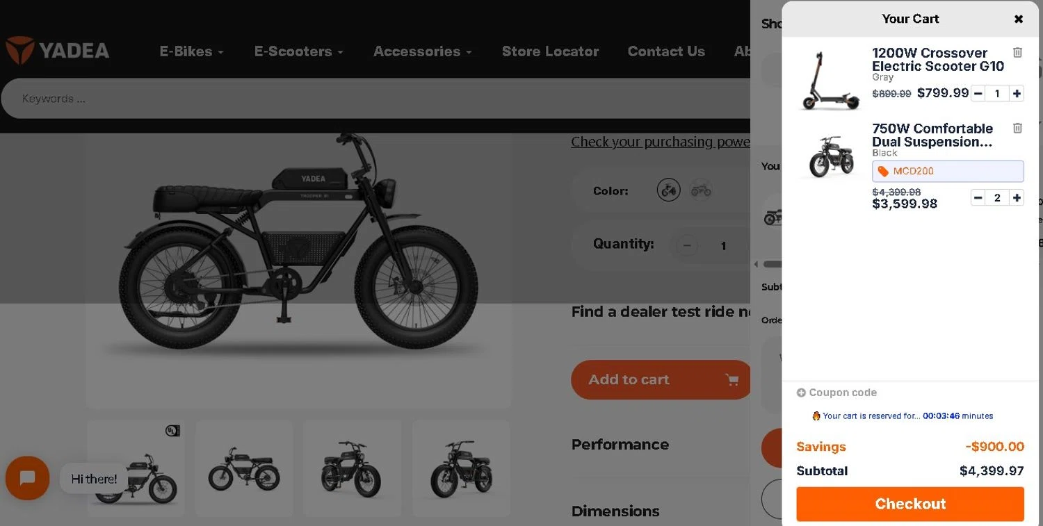 Yadea promo code screenshot showing code MCD200 applied at Yadea checkout page. Uploaded by SimplyCodes community member LAMINEJAMAL on Aug 5, 2025