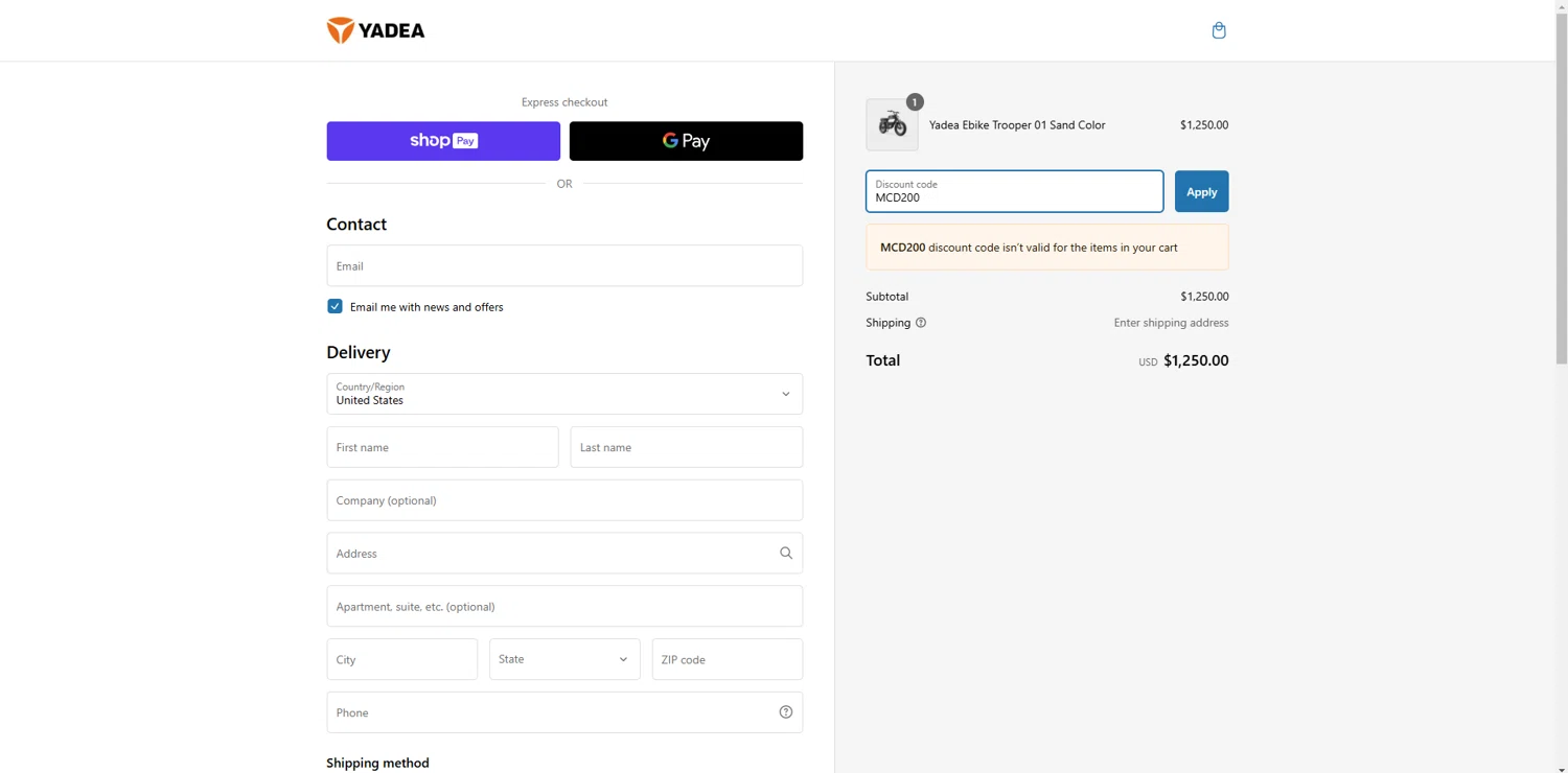 Yadea promo code screenshot showing code MCD200 applied at Yadea checkout page. Uploaded by SimplyCodes community member holasfosi on Feb 28, 2025