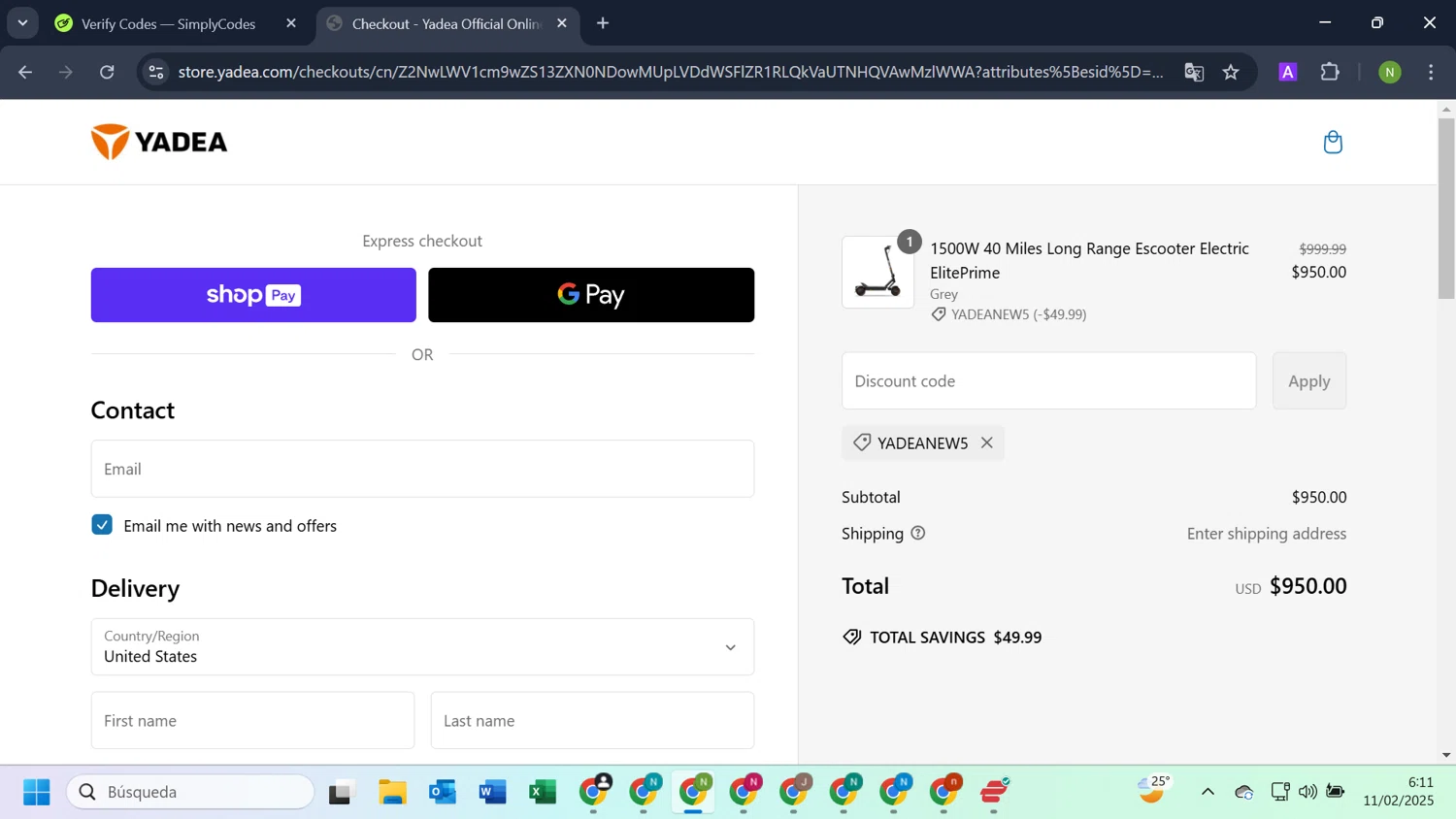 Yadea promo code screenshot showing code YADEANEW5 applied at Yadea checkout page. Uploaded by SimplyCodes community member LuckyKnight4806 on Feb 11, 2025