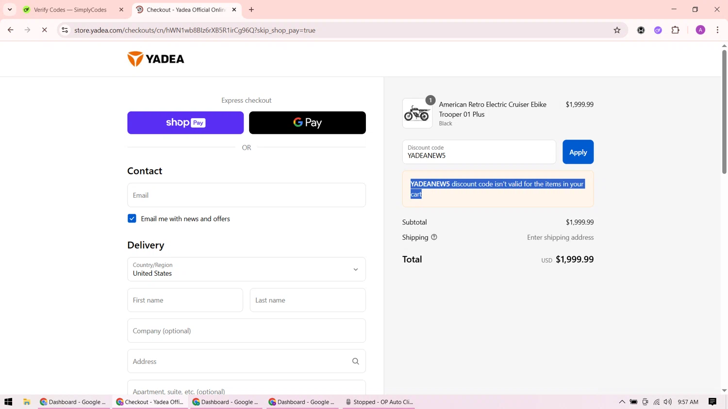 Yadea promo code screenshot showing code YADEANEW5 applied at Yadea checkout page. Uploaded by SimplyCodes community member ShrewdMaverick9198 on Aug 18, 2025