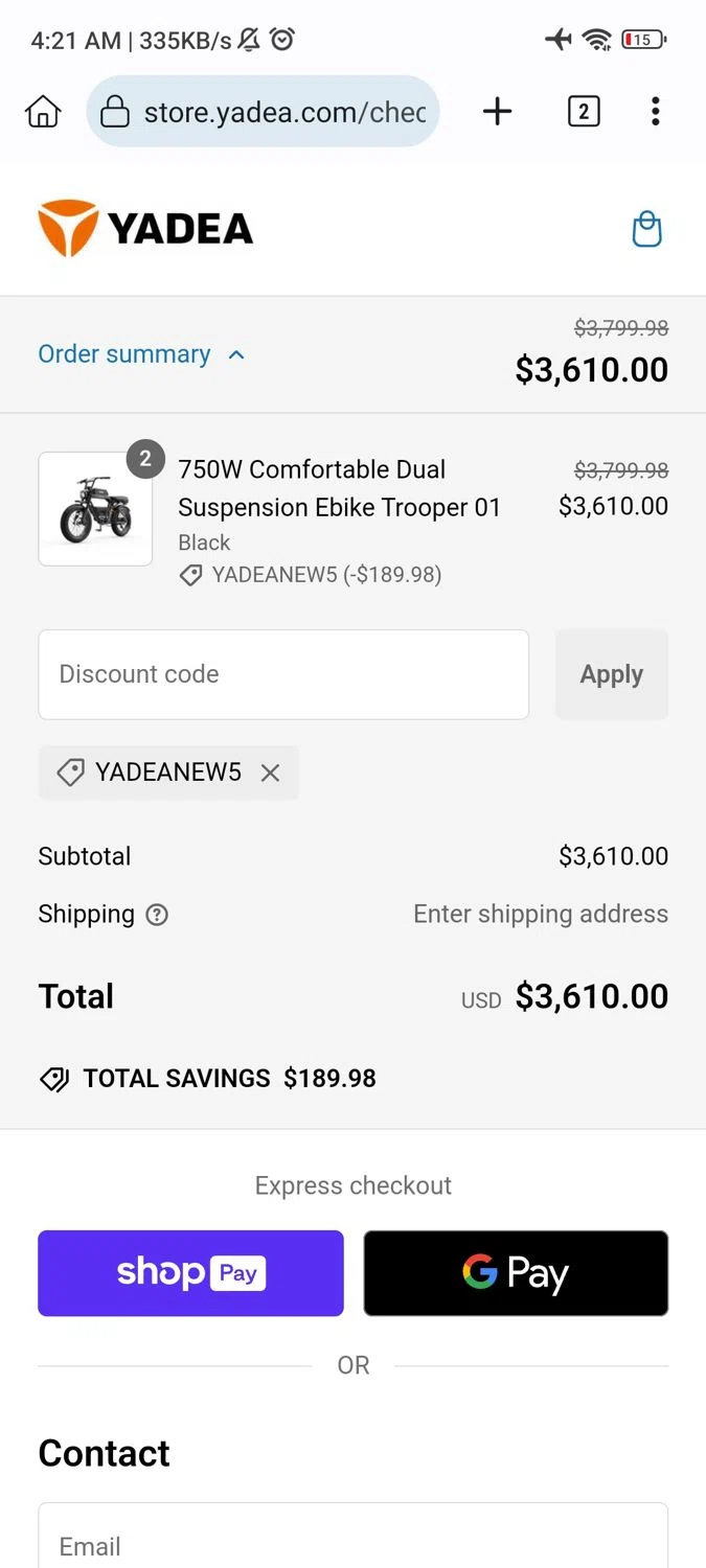 Yadea promo code screenshot showing code YADEANEW5 applied at Yadea checkout page. Uploaded by SimplyCodes community member _____________ on Jan 13, 2025